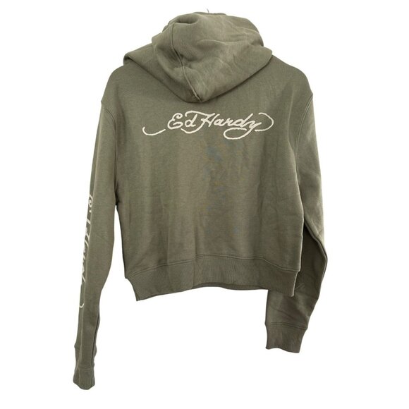 Ed Hardy Womens Olive Green Hoodie Love Kills Slowly Graphic Medium Cotton Blend - Picture 6 of 7